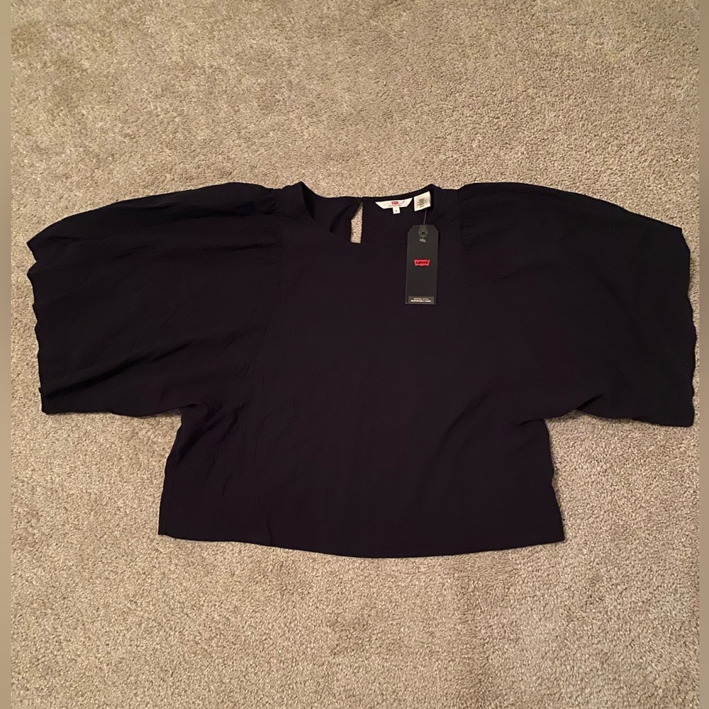 NWT Levi's Blouse Top Women Size S Black Puff Sleeve keyhole back